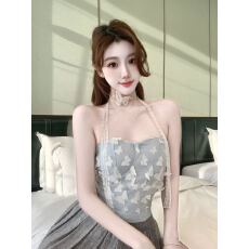 批发法式人棉网纱蕾丝蝴蝶结一字围美背配蝴蝶结围脖带胸垫<b class='q'>百搭</b>女抹胸