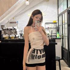 批发带胸垫<b class='q'>罩衫</b>拼接字母印花网纱上衣性感<b class='q'>比基尼</b>两件套女