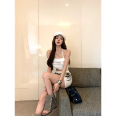 批发一字肩<b class='q'>罩衫</b>腰头切割拼接字母印花打底上衣<b class='q'>比基尼</b>两件套装