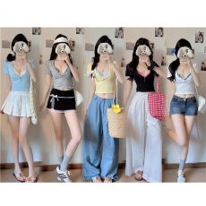 批发纯欲两件套装格<b class='q'>纹</b>蕾丝边挂脖背心女夏季修身挂脖V领短袖T恤