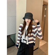 批发已出货 条纹撞色圆领针织开衫女小狗刺绣百搭显瘦上衣秋季<b class='q'>新款</b>