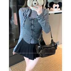 批发已出货 蝴蝶结系带长袖t恤女秋季内搭<b class='q'>修身</b>短款吊带上衣两件套