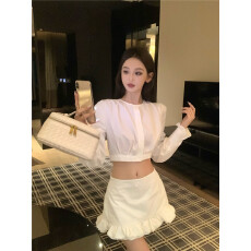 批发已出货 时尚套装白色短款长袖衬衫女秋季显瘦百搭半身短裙<b class='q'>两件套</b>