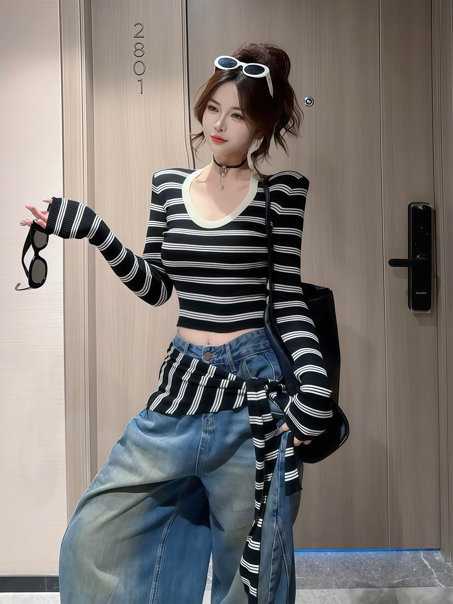 MY13991# V领撞色条纹针织长袖T恤女新款内搭上衣打底衫两件套女裝貨...