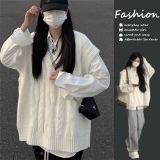 批发慵懒学院风设计感针织衫白色复古<b class='q'>男</b>女宽松提花<b class='q'>背心</b>百搭马甲秋冬潮