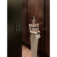 批发已出货 <b class='q'>宽松</b>撞色长袖开衫外套女秋季吊带连衣裙包臀裙子两件套