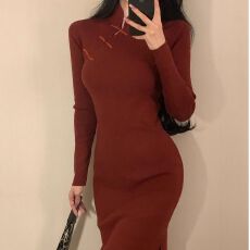 批发已出货 针织<b class='q'>连衣裙</b>盘扣立领修身双侧开叉打底<b class='q'>连衣裙</b>新中式敬酒服