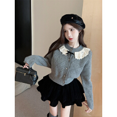 批发已出货 针织衫女秋冬法式娃娃领<b class='q'>蕾丝</b>上衣半高领毛衣开衫外套