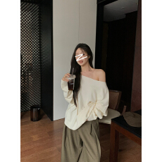 批发已出货 斜露肩蝙蝠袖针织衫女秋季长袖毛衣<b class='q'>宽松</b>气质上衣