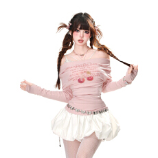 批发已出货 甜妹樱桃印花一字肩长袖T恤女修身显瘦<b class='q'>街头</b>百搭露肩上衣