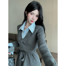 批发已出货 假两件衬衫拼接系带收腰针织<b class='q'>连衣裙</b>女秋冬短款毛衣裙女