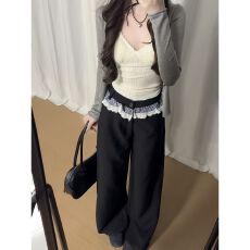 批发已发货 蕾丝拼接休闲裤女<b class='q'>夏</b>季芭蕾风高腰显瘦薄款直筒阔腿裤子潮