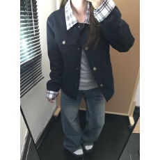 批发已出货 外套女2025新款<b class='q'>春秋</b>小个子休闲翻领格纹拼接夹克潮