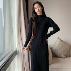 批发已出货 女宽松长袖内搭中长款打底长裙过膝针织<b class='q'>连衣裙</b>女