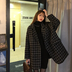 批发已出货 新款宽松加厚保暖<b class='q'>千鸟格</b>中长款呢子大衣毛呢西装外套女