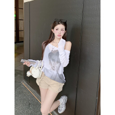 批发已出货 防晒罩衫<b class='q'>长袖</b>T恤女夏季新款宽松一字领露肩薄款上衣