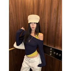 批发已出货 撞色<b class='q'>假两件</b>斜肩T恤女秋季小个子内搭纯欲修身长袖<b class='q'>上衣</b>