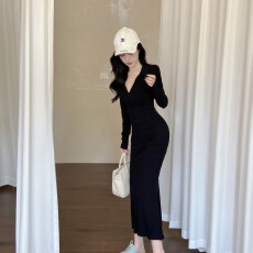 批发已出货 辣妹风气质性感拉链翻领长袖收腰显瘦鱼尾包臀<b class='q'>连衣裙</b>