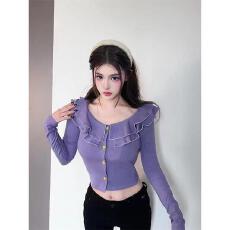 批发已出货  短款露脐修身上衣紫色圆领双层荷叶边<b class='q'>T</b><b class='q'>恤</b>女长袖打底衫