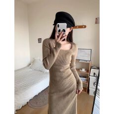 批发已出货 新款秋季超仙气质方领针织长款韩版包臀<b class='q'>裙子</b>时尚连衣裙