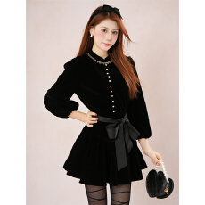 批发已出货 黑色丝绒长袖连衣裙女早秋高级感蝴蝶结收腰蓬蓬小黑裙