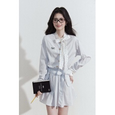 批发已出货 蝴蝶结条纹衬衫连衣裙子女秋<b class='q'>夏</b>2025新款小个子韩系穿搭