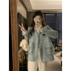 批发已出货 V领小香风流苏外套秋季新款水貂绒宽松针织毛衣开衫女