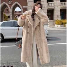 批发已出货 水貂绒长款宽松加厚加棉保暖西服领毛毛外套大衣女