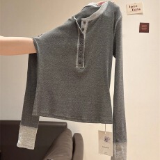 批发已出货 美式拼色辣妹长袖女纽扣<b class='q'>T</b><b class='q'>恤</b>上衣