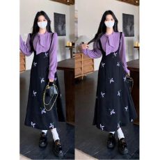 批发已出货 高级感秋冬款<b class='q'>假两件</b>紫色<b class='q'>连衣裙</b>胖mm显瘦收腰中长款裙子女