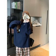 批发已出货 藏蓝色卫衣<b class='q'>女</b>秋冬季长袖宽松显瘦休闲印花套头上衣