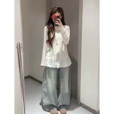 批发已出货 叠穿内搭长袖<b class='q'>T</b><b class='q'>恤</b>蕾丝花边圆领正肩宽松上衣