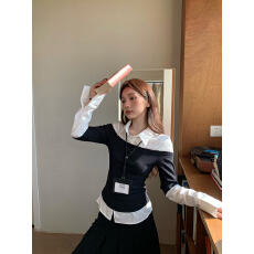 批发已出货 假两件翻领黑白衬衫女长袖上衣