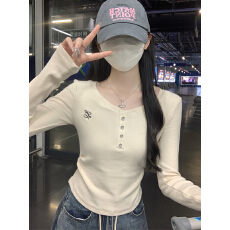 批发已出货 长袖T恤女小个子绝美刺绣正肩褶皱<b class='q'>修身</b>纽扣上衣