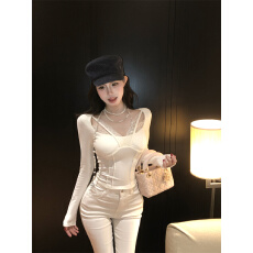 批发已出货 V领鱼骨纹上衣女带胸垫蕾丝<b class='q'>修身</b>打底衫长袖T恤