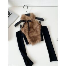 批发已出货 2025冬季新款名媛蝴蝶结环保毛挂脖背心连袖套露肩小衫女