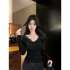 批发已出货 设计感<b class='q'>蕾丝</b>拼接v领<b class='q'>打底衫</b>露背收腰女纯欲风内搭上衣