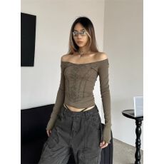 批发已出货 风木耳边一字肩长袖T恤女<b class='q'>秋</b>季小众印花修身内搭短款上衣