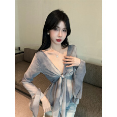 批发纯欲风荷叶边V领绑带<b class='q'>长袖</b>扎染<b class='q'>衬衫女</b>秋冬喇叭袖收腰显瘦上衣