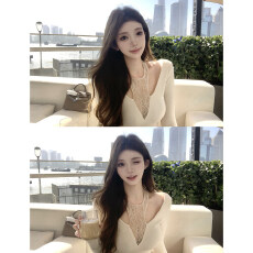 批发已出货 蕾丝镂空挂脖假两件针织衫长袖内搭打底上衣