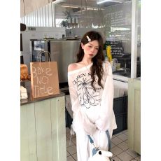 批发已出货 慵懒风蝴蝶结字母长袖t恤女秋夏季薄款<b class='q'>防晒</b>罩衫露肩上衣