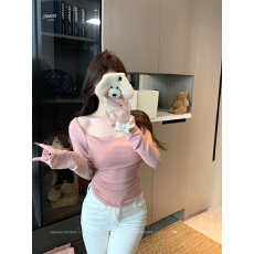 批发已出货 带胸垫粉色方领长袖T恤女冬季褶皱<b class='q'>修身</b>内搭打底收腰上衣