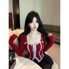 批发已出货 纯欲蕾丝边单排扣修身长袖t恤女秋<b class='q'>冬</b>辣妹方领设计打底衫