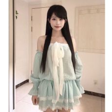 批发已出货 辣妹抹胸条纹蝴蝶结气质<b class='q'>连衣裙</b>收腰显瘦蓬蓬<b class='q'>可爱</b>