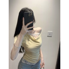 批发已出货 设计感荡荡领一字肩上衣25夏假两件内搭外穿短袖<b class='q'>T</b><b class='q'>恤</b>
