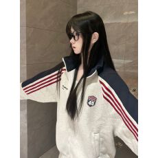 批发已出货 美式<b class='q'>卫衣</b>女秋季款设计感宽松复古撞色<b class='q'>开衫</b>立领