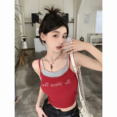 批发已出货 假两件性感吊带背心女夏季纯欲字母刺绣弹力修身上衣