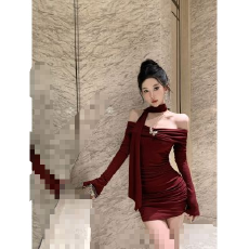 批发已出货 新款低领蝴蝶结一字领包臀裙