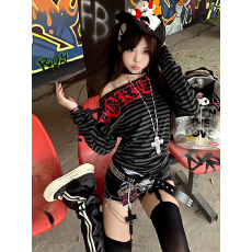 批发已出货 美式复古斜领条纹长袖t恤女<b class='q'>夏季</b>慵懒防晒罩衫辣妹上衣