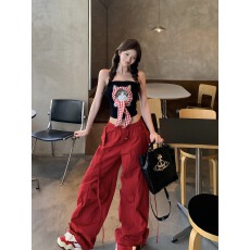 批发已出货 辣妹猫咪印花格子拼接抹胸上衣女夏季高腰宽松工装裤套装